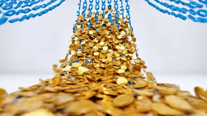 Digital data represented by binary code raining down onto a pile of gold coins, abstract - Powered by Adobe