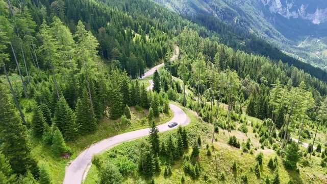Drone Austria 4k. Nassfeld Pass on border of Austria and Italy. between the Austrian Gail Valley and the Italian Canal Valley.  popular summer travel tourism destination for hiking and road trip in Eu