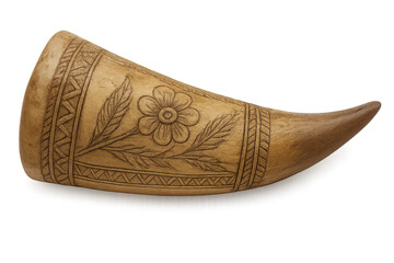 Carved drinking horn with floral pattern on transparent background