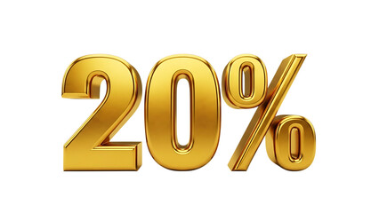 Shiny Golden 20 Percent Symbol, with Reflective Surface, cutout, PNG isolated on white or transparent background