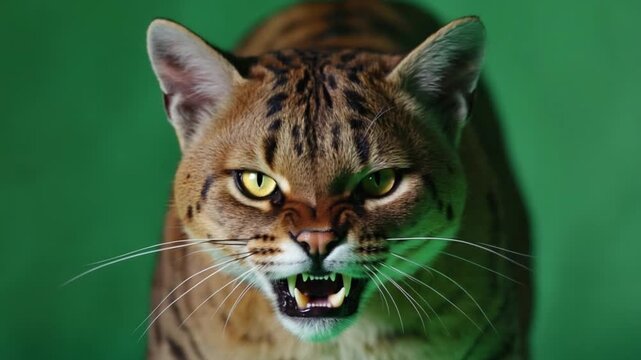 Close up of an angry serval cat showing its teeth with a green background in a studio setting green screen cat video