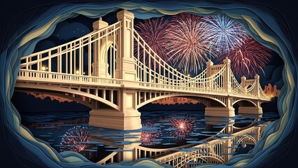 Spectacular Bridge Illuminated by Fireworks - A Nighttime Celebration.