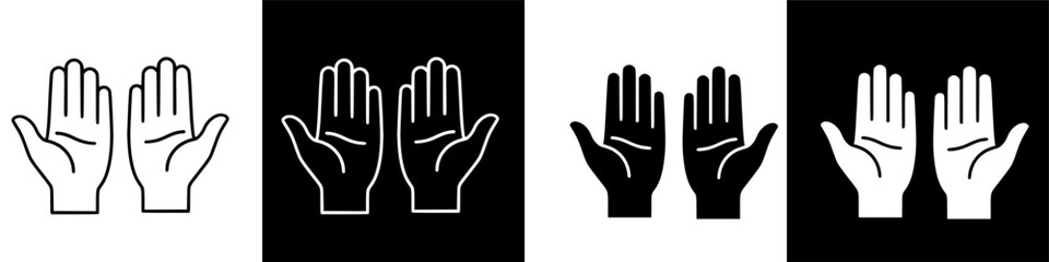 A set of linear and solid icons depicting open hands in heartfelt prayer, symbolizing faith, charity, and spiritual supplication