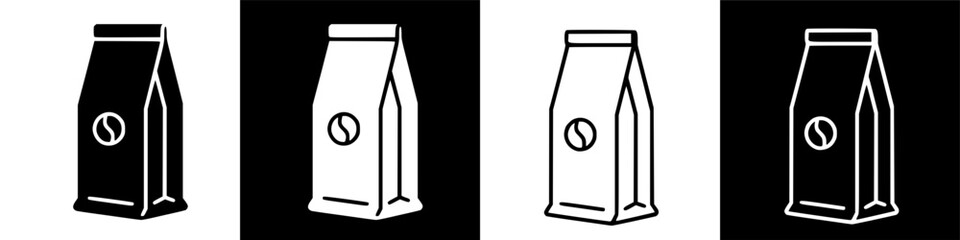 Four stylized illustrations of coffee bean bags, presented in contrasting black and white.