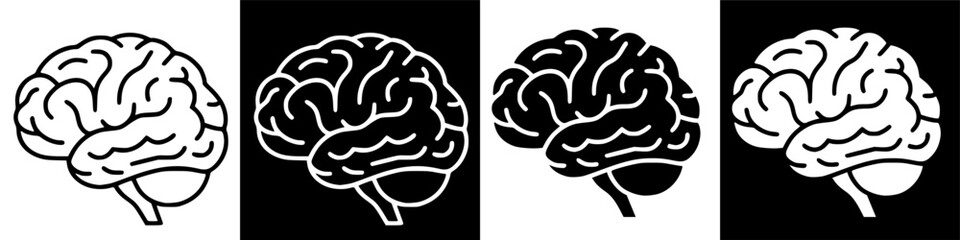 Four stylized illustrations of human brains presented in alternating black and white backgrounds.