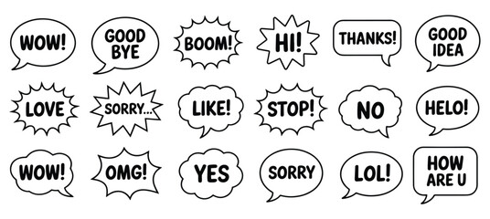 Speech bubbles words comic vector collection, Speech bubble comic cartoon dialogue text word exclamation set, hand drawn speech bubbles featuring various expressive words and exclamations