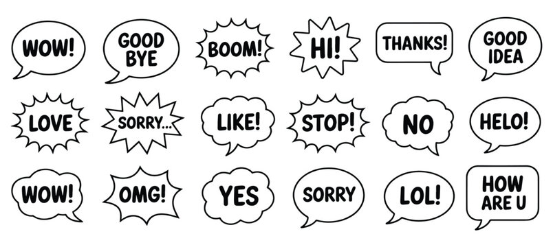 Speech bubbles words comic vector collection, Speech bubble comic cartoon dialogue text word exclamation set, hand drawn speech bubbles featuring various expressive words and exclamations