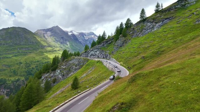 Drone Austria 4k. Grossglockner High Alpine Road, a famous scenic drive in Austria. drive to Grossglockner mountain. popular summer travel tourism destination for hiking and road trip in Europe.