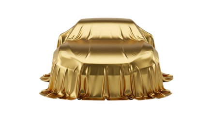 automobile, covered with gleaming golden fabric revealing its contours, cutout, PNG isolated on white or transparent background