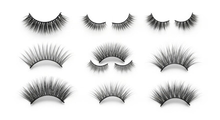 Set of false eyelashes in different lengths and styles fanned out, emphasizing beauty and makeup enhancement for glamorous looks