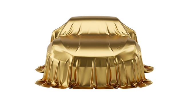 automobile, covered with gleaming golden fabric revealing its contours, cutout, PNG isolated on white or transparent background