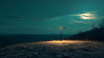 A wooden cross is lit up in the dark