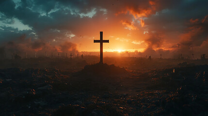 Fototapeta premium A cross is on a hill in a field