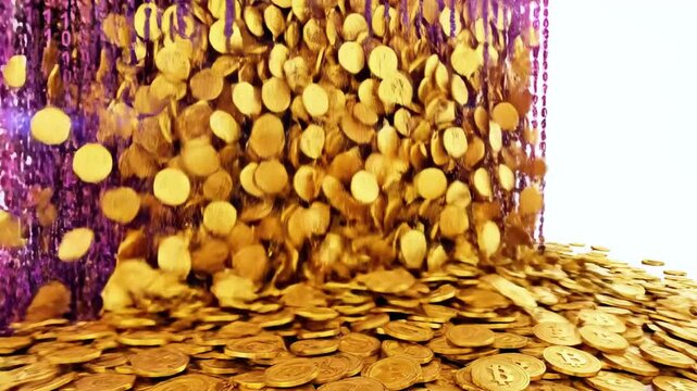Gold coins and binary code cascading down, creating a digital money flow, financial concepts