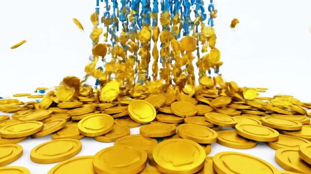 3D render of binary code raining down on gold coins, symbolizing digital finance