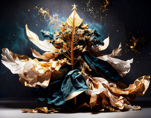 紺碧のベルベットと黄金のドレープで飾られた、荘厳なオートクチュール・ツリー