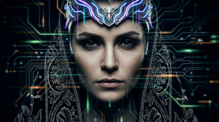 A regal cyber queen with glowing neon crown and intricate circuitry backdrop stares intensely in this dark, futuristic digital portrait