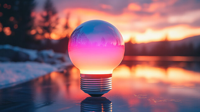 Glowing lightbulb reflecting in icy water at sunset evokes innovation and creative concepts, perfect for advertising energy solutions and technological advancements