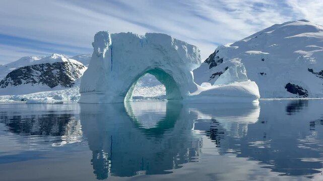 Big Iceberg in Antarctica Winter Scenery, Amazing Shape Ice Formation of Massive Large Enormous Blue Icebergs in Antarctic Peninsula Landscape Seascape with Ocean Sea Water