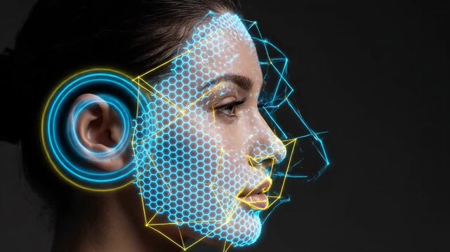 Facial Recognition Technology Scanning a Womans Face for Identity Verification and Security.
