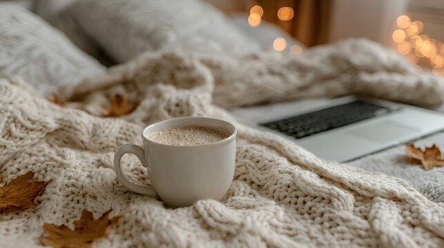 A warm cup of coffee sits on a cozy knit blanket next to a laptop in a comfortable and inviting bedroom setting with soft lighting. - Powered by Adobe