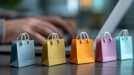 Online shopper types on laptop surrounded by miniature shopping bags representing convenient digital purchasing experiences and fast delivery options.
