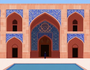 Majestic Islamic-inspired building facade adorned with detailed blue tile patterns and a tranquil