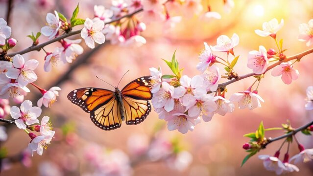 A delicate cherry blossom tree in full bloom with a monarch butterfly perched on its petals, surrounded by soft pink and white flowers in the warm sunlight , garden scenery, botanical images