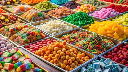 Colorful sweets on display in a shop in Camden Town, British sweets, food stall