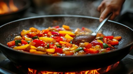 Stir-fried colorful peppers and vegetables in a wok over flames.  A hand with a spoon stirs the food