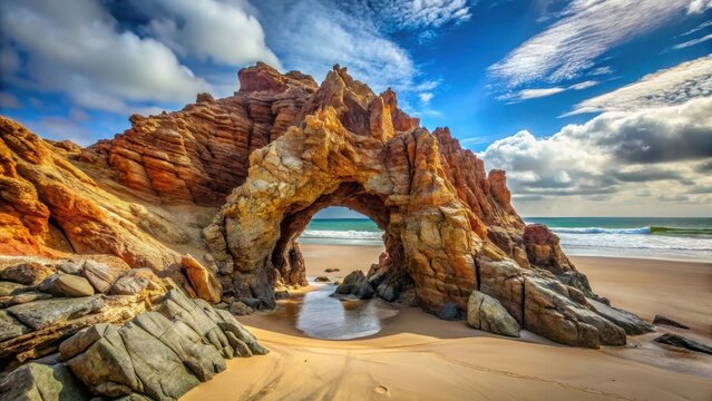 Unique rock formation with a hole on the beach of Jericoacoara