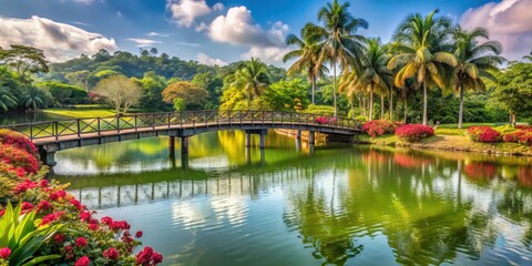 Fototapeta premium Bridge spanning a serene lake in Palmas, Panama, with lush greenery and vibrant flowers surrounding it, creating a stunning natural scenery , architecture, landscape