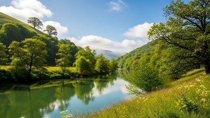 Fototapeta premium Serene River Landscape with Lush Greenery and Mountain Backdrop.