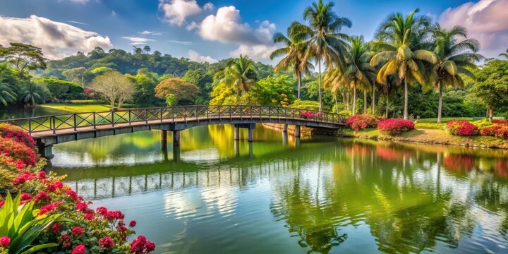 Bridge spanning a serene lake in Palmas, Panama, with lush greenery and vibrant flowers surrounding it, creating a stunning natural scenery , architecture, landscape