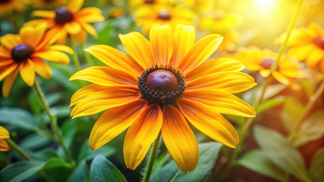Vibrant yellow petals and dark centers surround a bright black-eyed Susan flower in full bloom amidst lush greenery and soft sunlight, flower fields, bright yellows