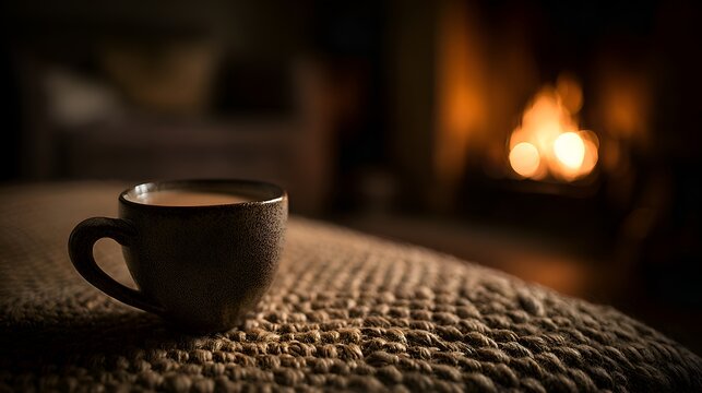 A warm cup of coffee sits on a textured woven surface with a cozy fireplace softly glowing in the blurry background on a cold evening.
