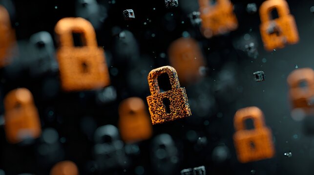 Orange metallic locks float in a dark digital space representing security, protection, and encryption in a cybersecurity environment scene.