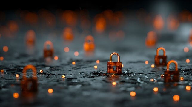 A network of glowing padlocks symbolizes digital security and protection of data in a connected and secured online environment now and forever.