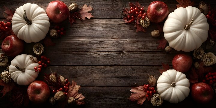 An autumnal arrangement of white pumpkins, red s, leaves, and berries displayed artfully on a rustic dark wooden surface creating a cozy scene.