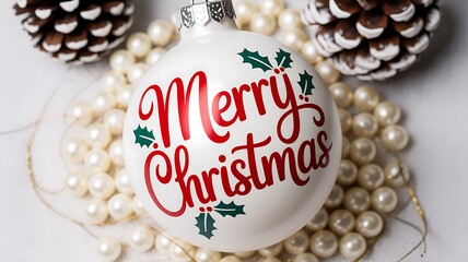 Merry christmas ornament with red text and holly, surrounded by elegant pearls and frosted pinecones on a light background, festive holiday decoration