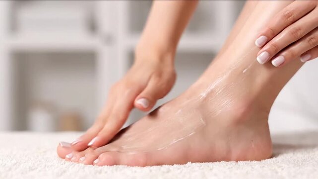 Woman Applying Moisturizing Cream to Her Foot for Skincare and Relaxation.