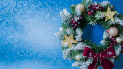 Festive christmas wreath with frosted pine branches, glittering gold stars, red berries, and a velvet bow set against a sparkling blue background.