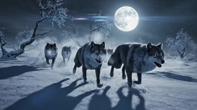 A pack of wolves running through a snowy landscape under a full moon at night.