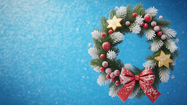 Festive christmas wreath with snow-dusted pine branches, red berries, golden stars, and a decorative red bow on a sparkling blue background. - Powered by Adobe