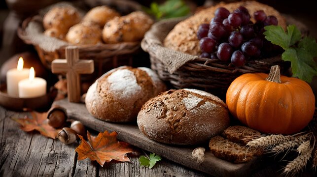 Celebrating autumn harvest with fresh bread, grapes, pumpkin, and a cross, reflecting themes of gratitude and abundance on a wooden surface.