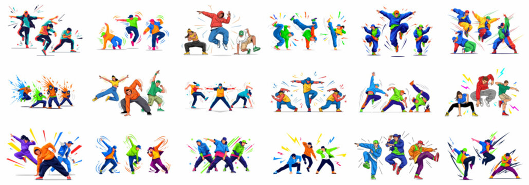 Vibrant street dance vector collection showing male and female hip-hop performers executing energetic movements and poses with dynamic graphical accents.