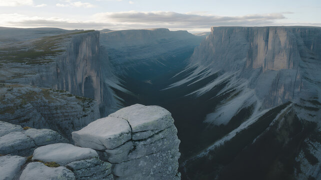 Misty morning view of a vast, deep canyon with a rocky cliff edge in the foreground, against a backdrop of a cloudy sky and a mockup of natural landscape.