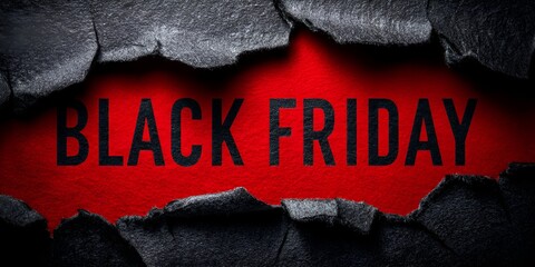 Black Friday message revealed behind torn dark paper creating a dramatic announcement for upcoming sales and holiday shopping event now.