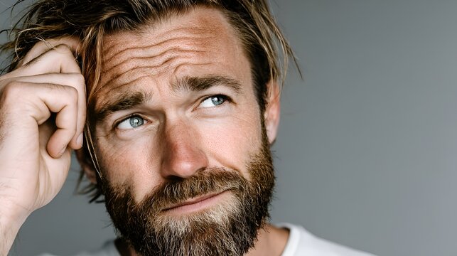 Thoughtful bearded man with hand in hair gazing upwards with a look of contemplation against a simple light background for portrait photography.