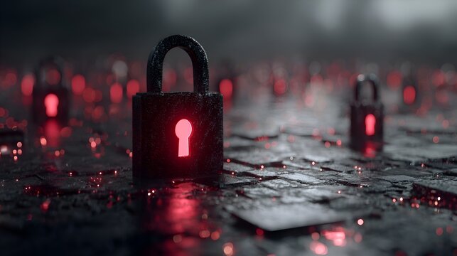 Multiple illuminated red padlocks symbolizing digital security and data protection in a dark, futuristic technological environment landscape.